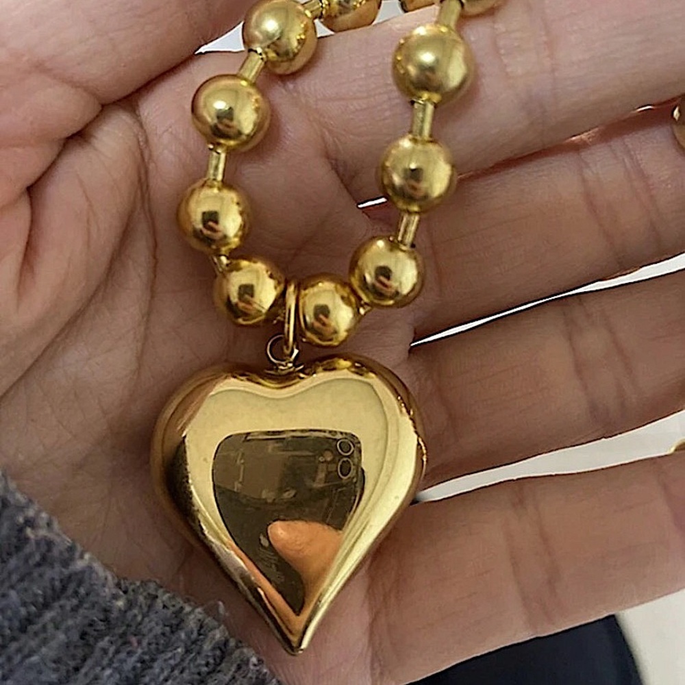 Gold Exaggerated Heart Necklace Statement Beaded